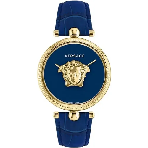 Watches, female, , Size: ONE SIZE Palazzo Blue Gold Leather Watch - Versace - Modalova