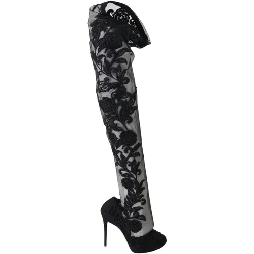 Blumenbestickte Overknee-Stiefel - Dolce & Gabbana - Modalova