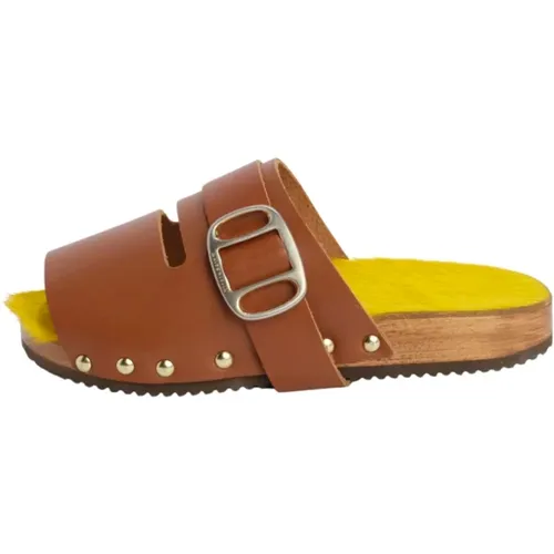 Camel Leather Clog Flat Shoes , female, Sizes: 4 UK, 7 UK, 5 UK, 6 UK - Jejia - Modalova