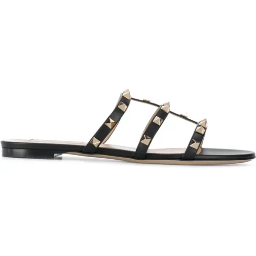 Sliders, female, , Size: 6 US Leather Studded Sandals - Valentino Garavani - Modalova