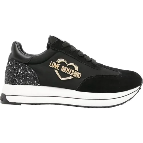 Schwarze Sneakers mit Goldlogo , Damen, Größe: 38 EU - Love Moschino - Modalova