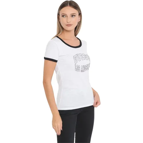 Logo Strass T-Shirt - Weiß Rundhals Kurzarm , Damen, Größe: L - Guess - Modalova