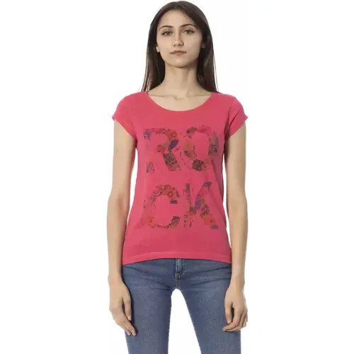 Rosa Baumwoll T-Shirt mit Kurzen Ärmeln und Frontdruck , Damen, Größe: M - Trussardi - Modalova