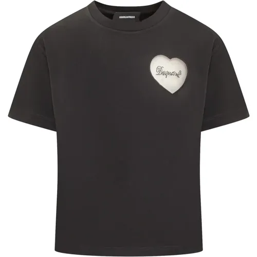 Schwarzes Heart Mesh T-Shirt , Damen, Größe: L - Dsquared2 - Modalova