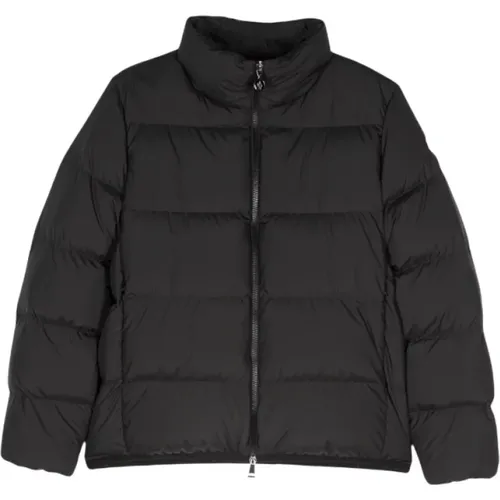 Mitternachtsblaue Steppjacke mit Applikationslogo - Moncler - Modalova