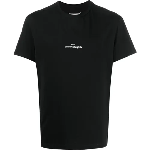 T-Shirts,Schwarzes Baumwoll-T-Shirt mit Besticktem Logo - Maison Margiela - Modalova