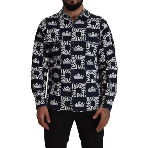 Casual Shirts, male, , Size: XL Blue Denim Stretch DG Crown Logo Casual Shirt - Dolce & Gabbana - Modalova