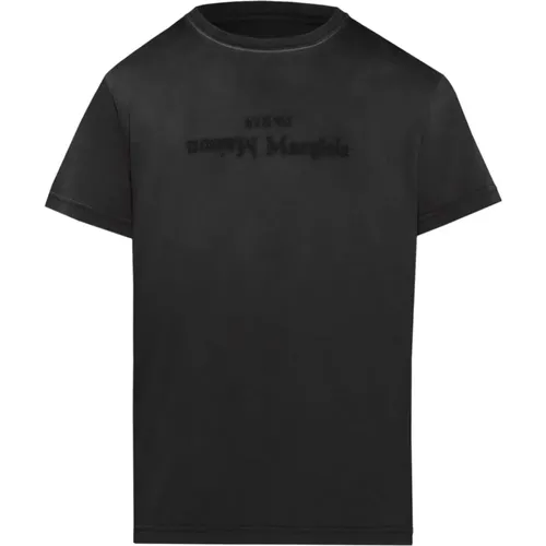 T-Shirt mit Distressed Finish und Logo-Print,Schwarzes T-Shirt mit umgekehrtem Druck - Maison Margiela - Modalova