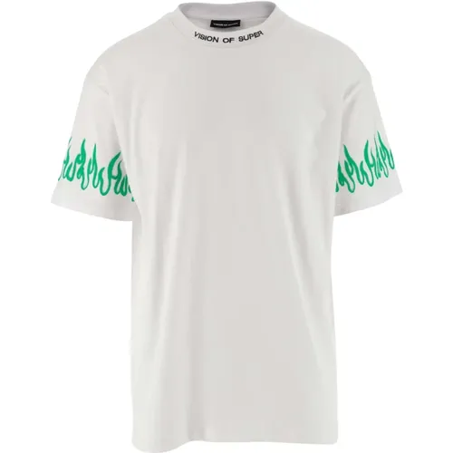 Weißgrünes Baumwoll-T-Shirt mit Logo-Print - Vision OF Super - Modalova