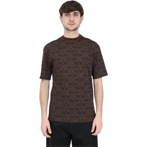 Braunes Logo All-Over Elastischer Kragen T-Shirt - Moschino - Modalova