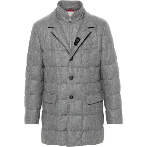 Single-Breasted Coats, male, , Size: L Grey Wool Quilted Coat - Fay - Modalova