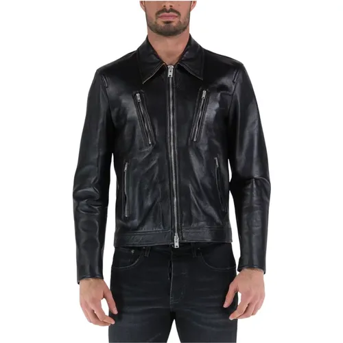 Mens Leather Biker Jacket with Multiple Front Pockets , male, Sizes: L - Covert - Modalova