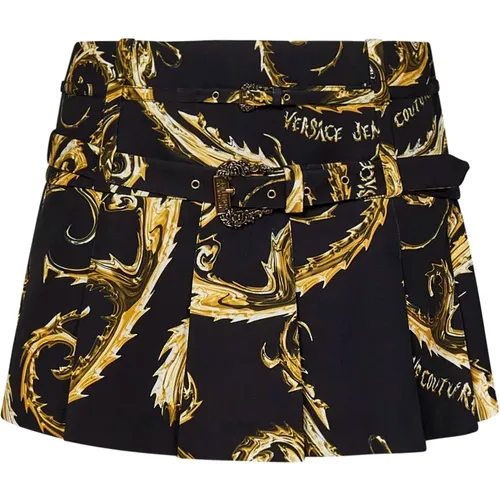 Short Skirts, female, , Size: XS Black and Gold Pleated Mini Skirt - Versace Jeans Couture - Modalova