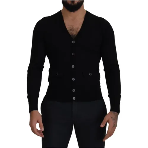 Klassischer Schwarzer Woll-Cardigan-Pullover , Herren, Größe: S - Dolce & Gabbana - Modalova