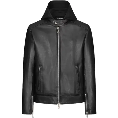 Schwarze Bikerjacke mit Abnehmbarer Kapuze - Dondup - Modalova