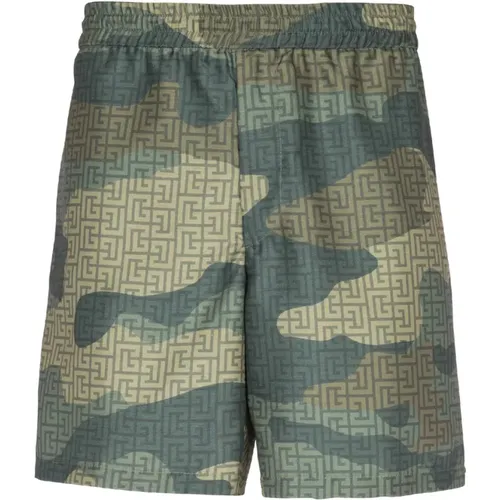Shorts aus Shantung mit Camouflage-Monogramm-Print - Balmain - Modalova