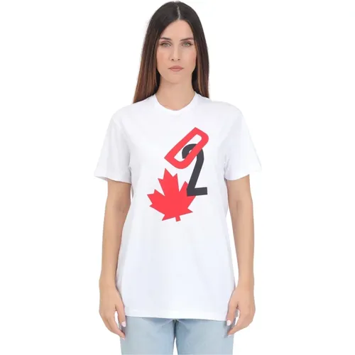 Weißes Logo-Print T-Shirt , Damen, Größe: L - Dsquared2 - Modalova