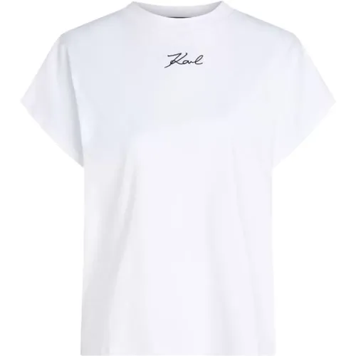 WEIßES T-Shirt Schwarzes Logo , Damen, Größe: M - Karl Lagerfeld - Modalova