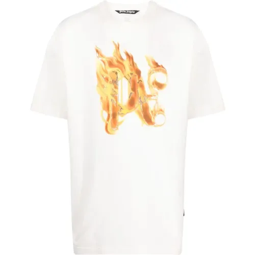 Weiße T-Shirt mit Burning PA Monogramm,Weiße Baumwoll-Monogramm-T-Shirt - Palm Angels - Modalova