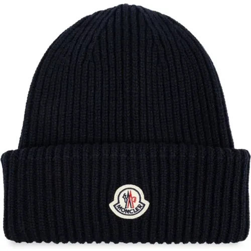 Logo Fold Wool Hat in Navy , male, Sizes: ONE SIZE - Moncler - Modalova