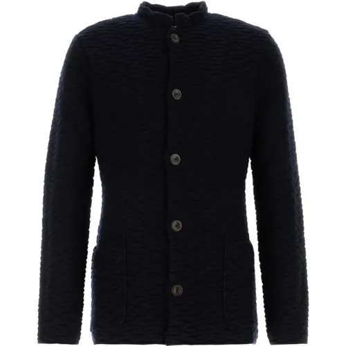 Cardigans, male, , Size: L Navy Wool Blend Cardigan - Giorgio Armani - Modalova