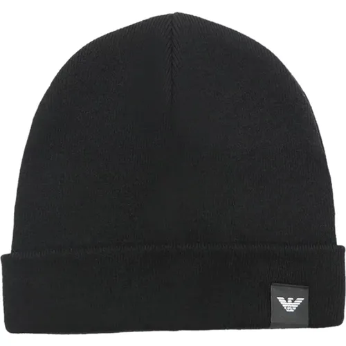 Beanies, male, , Size: M Ribbed Knit Hat with Logo Label - Emporio Armani - Modalova