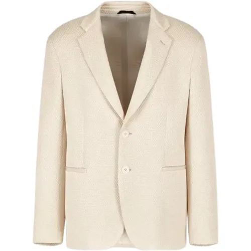 Blazers, male, , Size: L Ivory Silk Jacket Mesh Effect - Giorgio Armani - Modalova