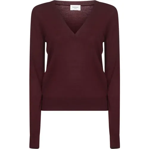 V-neck Knitwear, female, , Size: S Bordeaux Wool V-Neck Sweater - Saint Laurent - Modalova