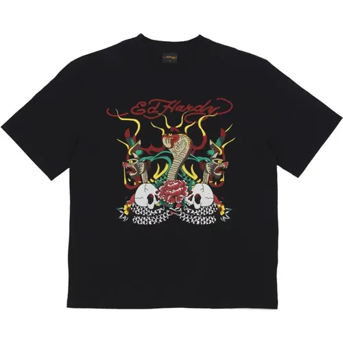 Snake & Skull Fire Tee , male, Sizes: XS, L, M - Ed Hardy - Modalova