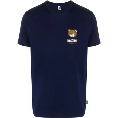 Leo Teddy-Print T-Shirt, Marineblau , Herren, Größe: S - Moschino - Modalova