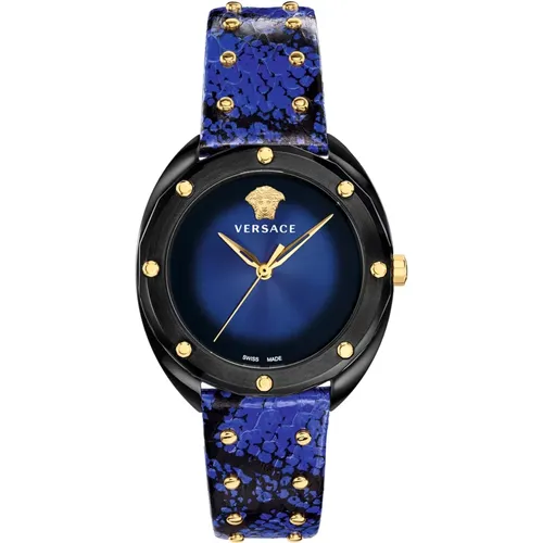 Blau Schwarz Leder Stahl Uhr , Damen, Größe: ONE Size - Versace - Modalova