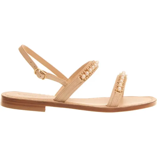 Flat Sandals, female, , Size: 6 US Leather Sandal with Pearls - Paola Fiorenza - Modalova