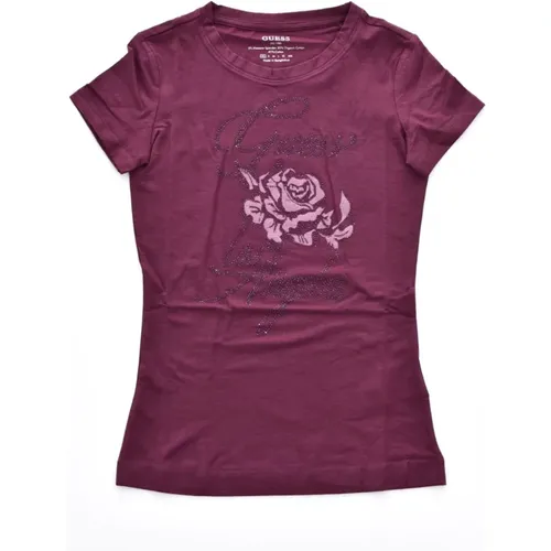 Baumwoll T-Shirt mit Strass Logo - Violett - Guess - Modalova