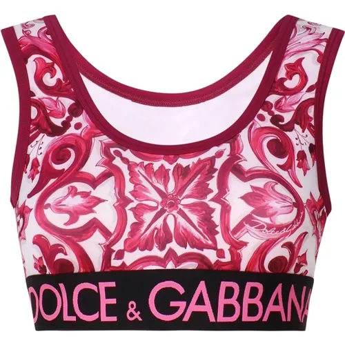 Sleeveless Tops, female, , Size: XS Majolica Print Sleeveless Top White Fuchsia - Dolce & Gabbana - Modalova