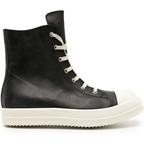 Schwarze Ledersneakers mit Schnürsenkeln und Haizahnsohlen - Rick Owens - Modalova