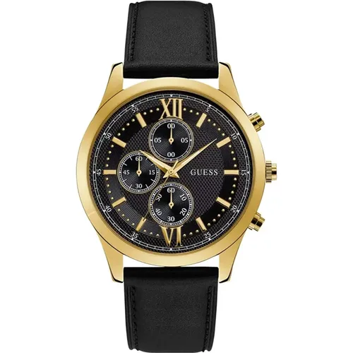 Watches, male, , Size: ONE SIZE Leather Men's Watch with Gold Accents - Guess - Modalova