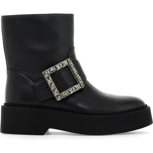 Ankle Boots, female, , Size: 6 US Crystal Buckle Leather Biker Boots - Roger Vivier - Modalova