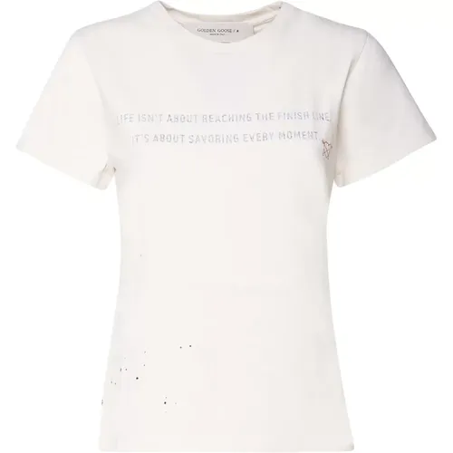 Weiße Baumwoll-T-Shirt mit Frontschrift , Damen, Größe: M - Golden Goose - Modalova