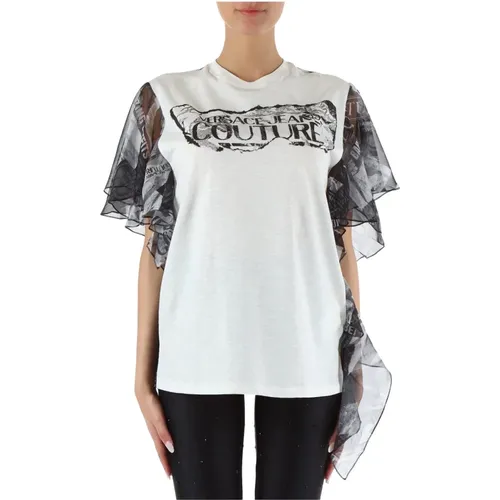 Flammen Baumwoll T-shirt mit Chiffon Logo Print , Damen, Größe: M - Versace Jeans Couture - Modalova