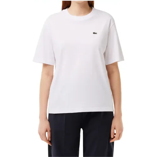 Weiches Jersey T-Shirt mit geripptem Kragen , Damen, Größe: S - Lacoste - Modalova