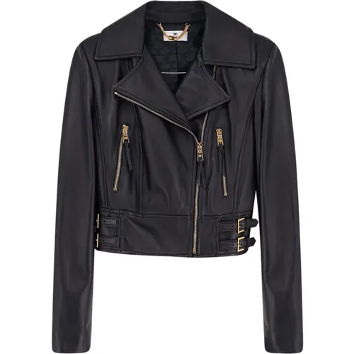 Leather Jackets, female, , Size: S Asymmetrical Leather Jacket - Elisabetta Franchi - Modalova