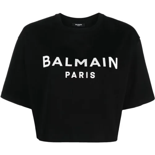 Logo Print Baumwoll T-Shirt , Damen, Größe: 2XS - Balmain - Modalova