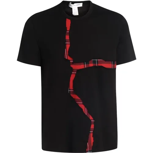 Schwarzes T-Shirt mit Open Cut Tartan Detail , Herren, Größe: M - Comme des Garçons - Modalova