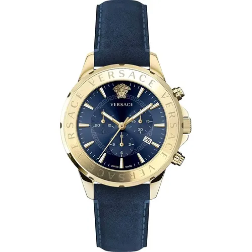 Chrono Signature Blau Leder Gold Stahl Uhr - Versace - Modalova