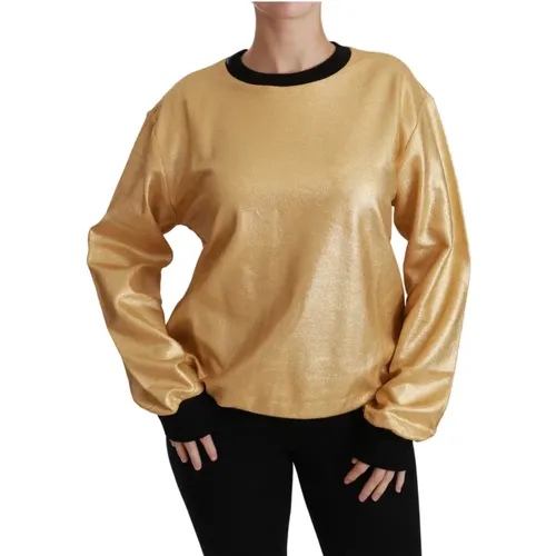 Goldener und Schwarzer Baumwoll-Crewneck-Pullover , Damen, Größe: 2XS - Dolce & Gabbana - Modalova