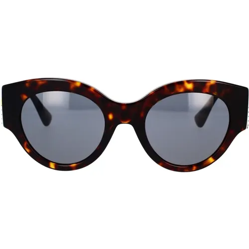 Sunglasses, unisex, , Size: 52 MM Round Sunglasses with Dark Grey Lens and Dark Havana Frame - Versace - Modalova