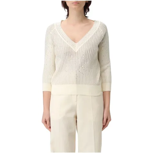 V-neck Knitwear, female, , Size: M Elegant Knit Top with Embellishments and Three-Quarter Sleeves - Ermanno Scervino - Modalova