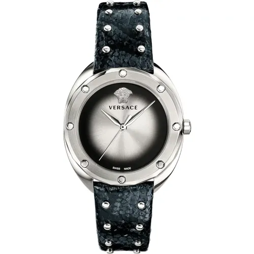 Schwarze Leder Silber Edelstahl Uhr - Versace - Modalova