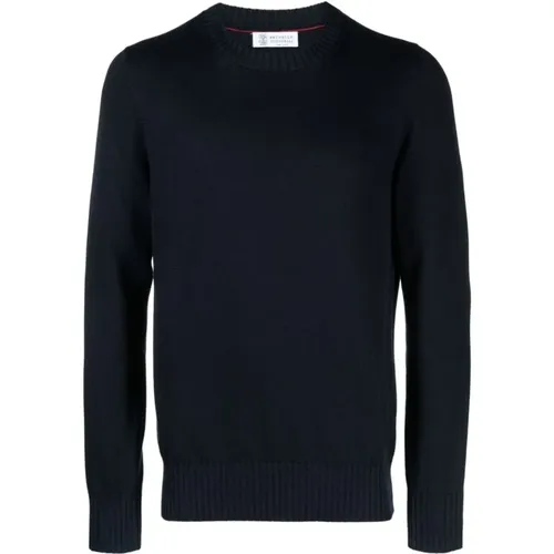 Navy Cotton Knitted Sweater , male, Sizes: M - BRUNELLO CUCINELLI - Modalova