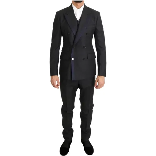 Double Breasted Suits, male, , Size: XS Wool Blue Silk Double-Breasted Jumpsuit - Dolce & Gabbana - Modalova